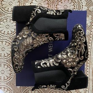 Stuart Weitzman embroidered black velvet block heel ankle boots